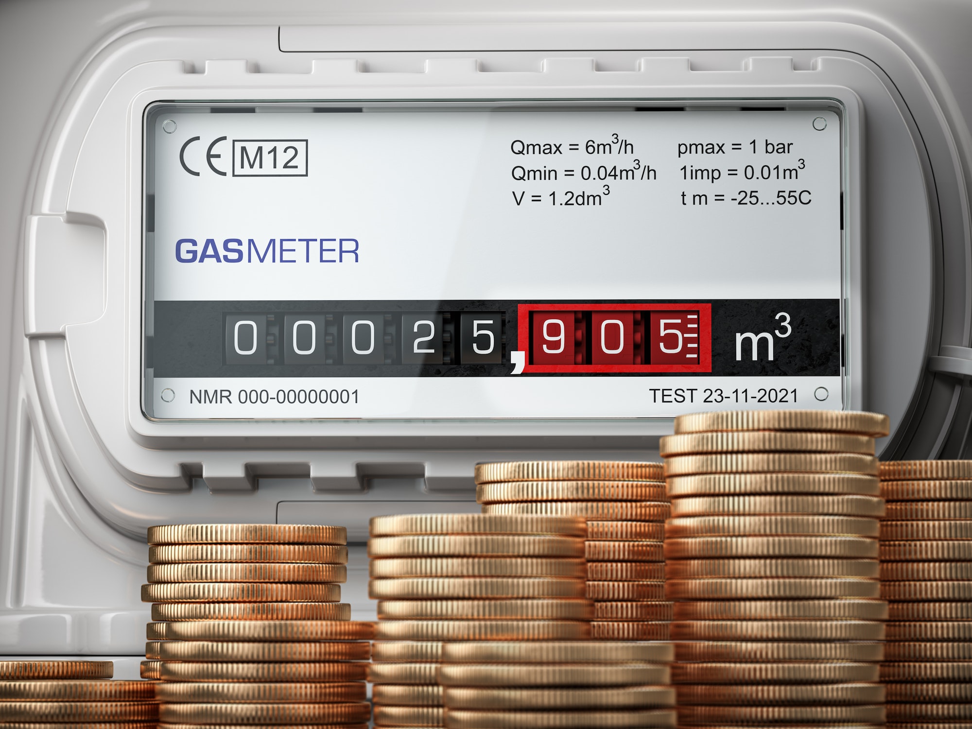 Growth of natural gas price. Gas meter with stacks of coins.