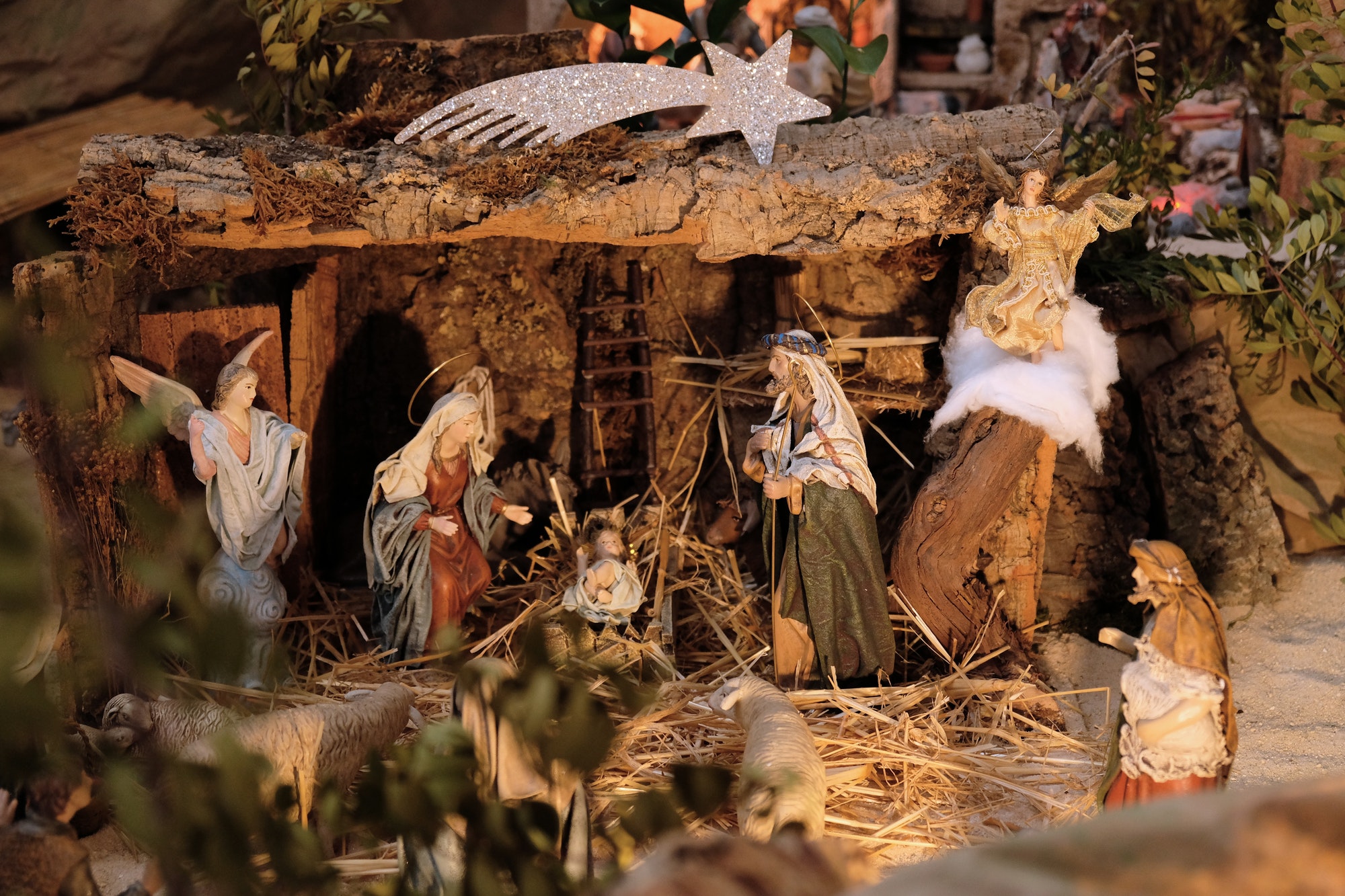 Nativity scene with baby Jesus. The Magi in the nativity scene. Christmas decor in the church.